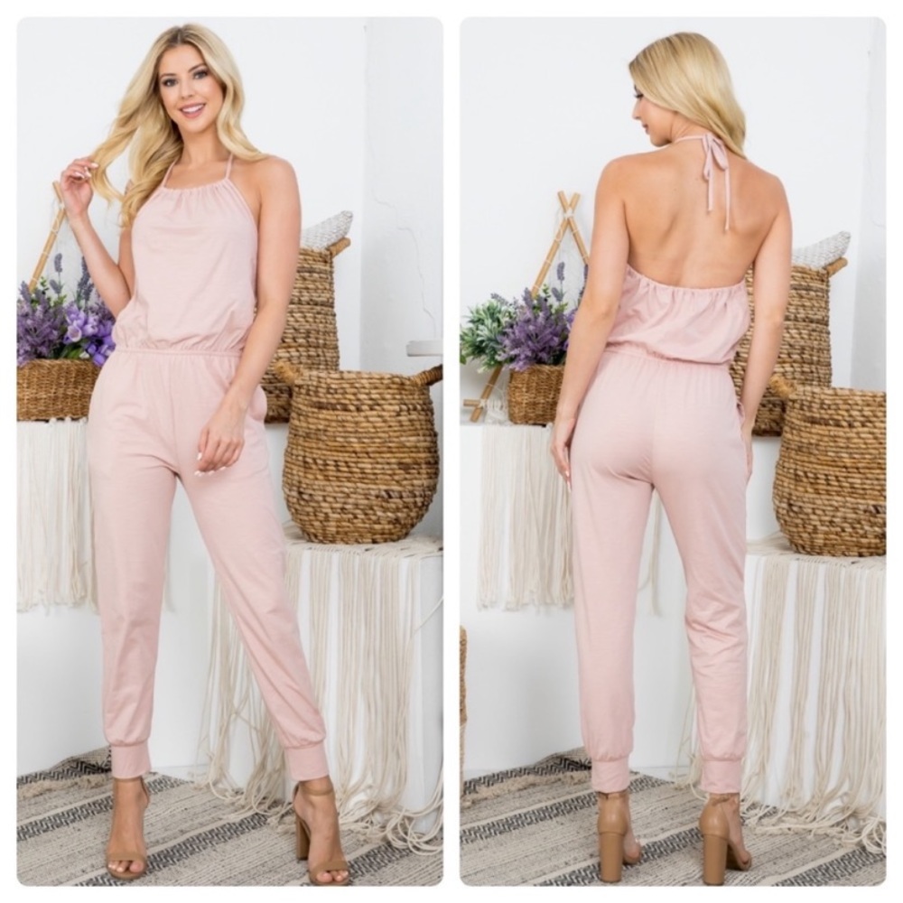 New Adorable Blush Halter Style Jumpsuit - Picture 2 of 8